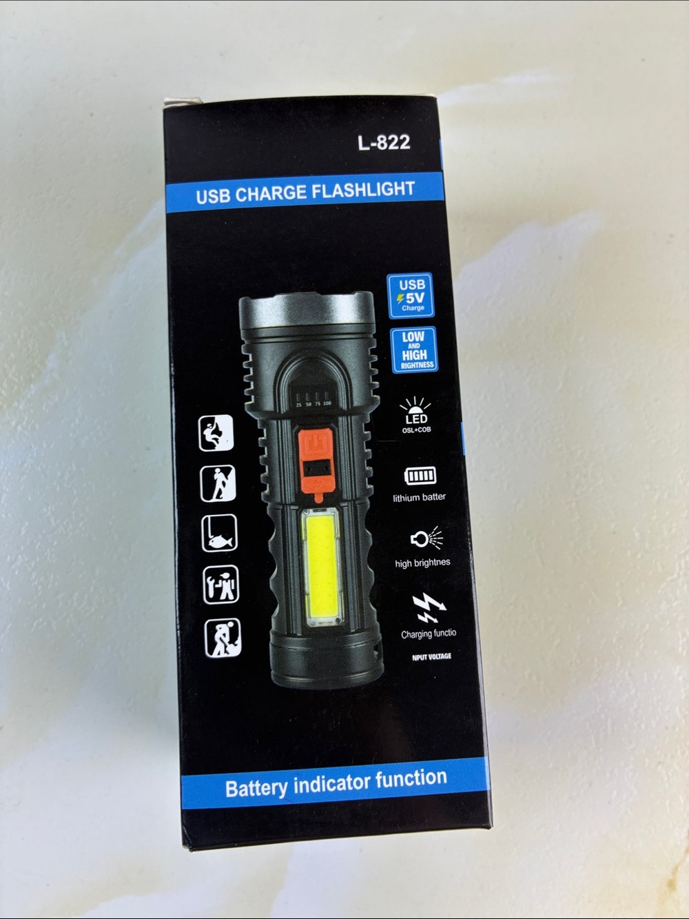 USB Rechargeable Flashlight - Black with Yellow Accent